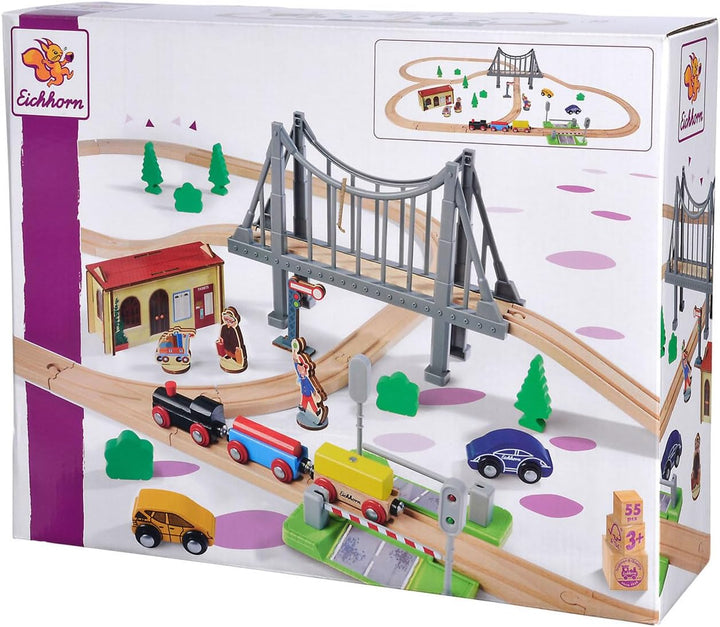 Eichhorn Schienenbahn 100006204 Bahnset mit Brücke, 55 teilig, 500 cm Strckenlänge, FSC zertifiziert