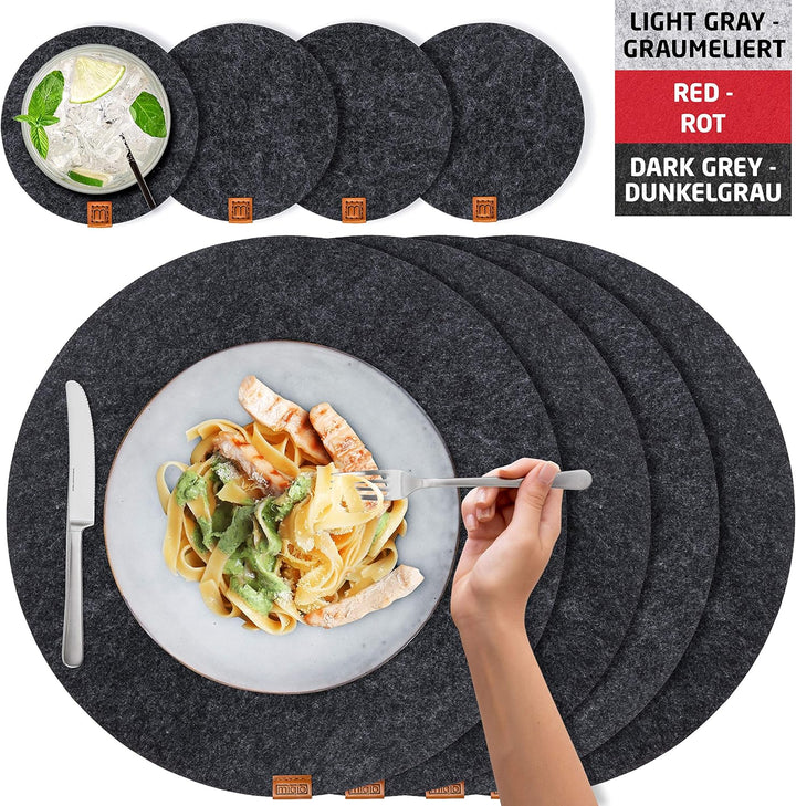 MIQIO® Design Runde Tischsets aus Filz abwaschbar | Mit Echtleder Markenlabel und Glasuntersetzer |
