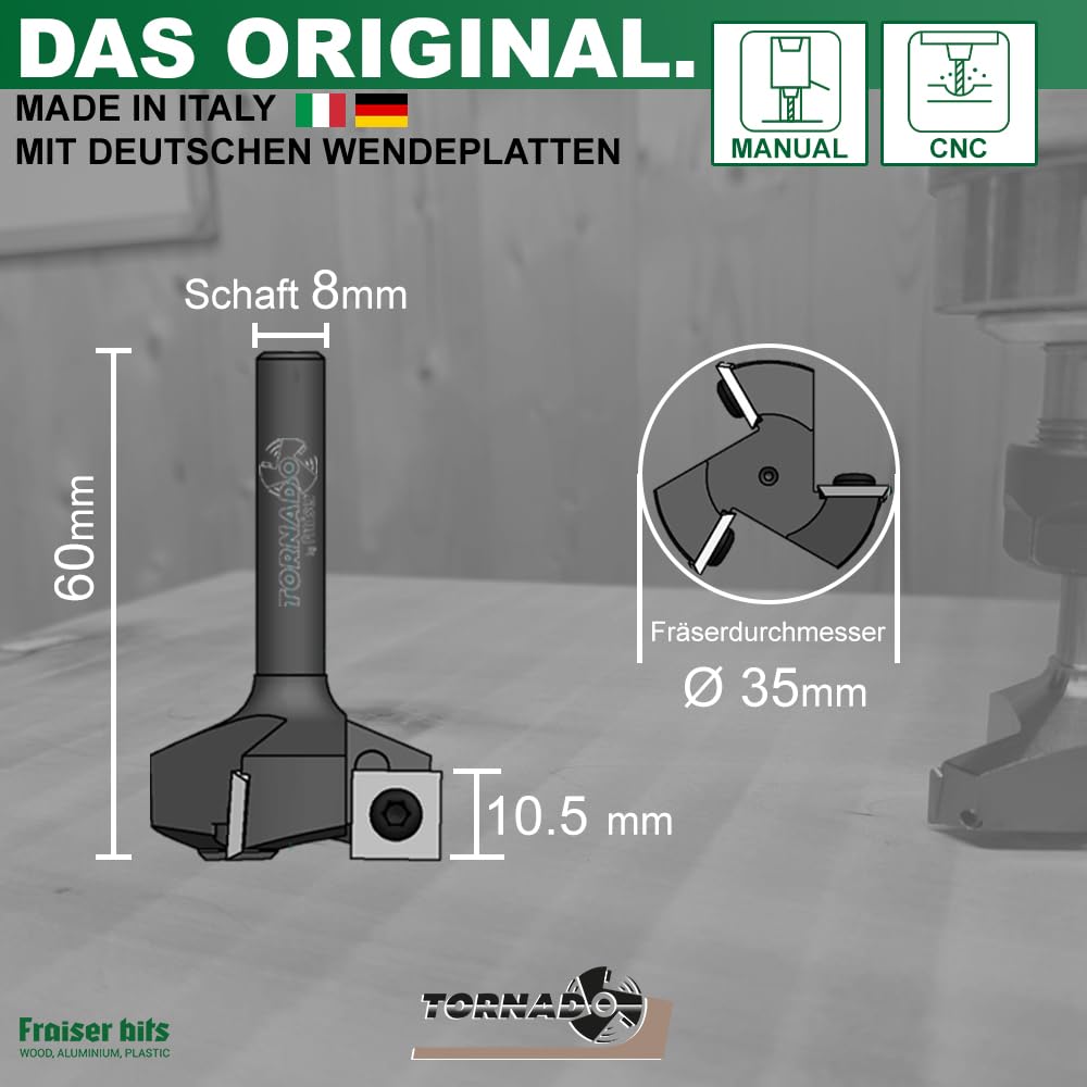 TORNADO Fraiser Planfräser 8mm schaft für Holz Durchmesser 35 mm mit 3 austauschbaren Hartmetallmess