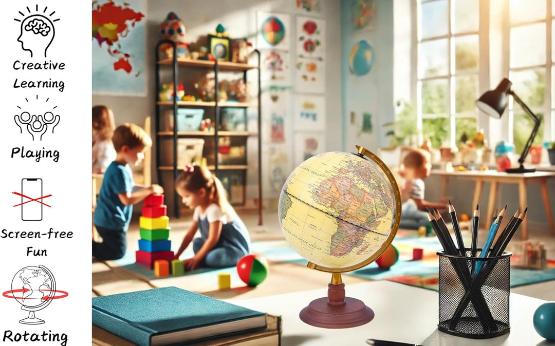 Exerz 20cm Antiker Globus Mit Holzfuss - Englische Karte - Für Kinder Büro Deko - Schülerglobus Mord
