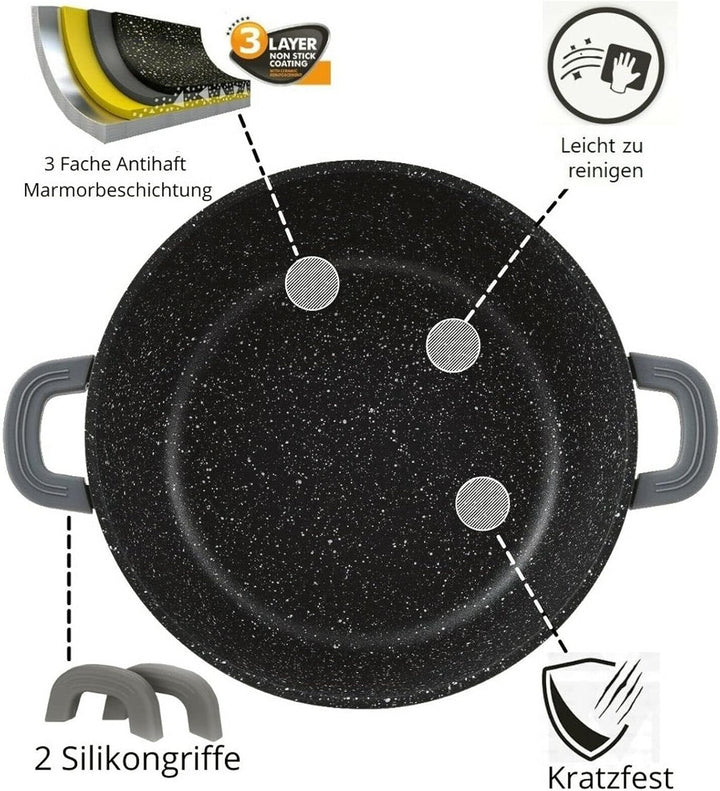 Schmorpfanne 28 cm Schmortopf Scwarz | Bräter Induktion Antihaft | Schmorkasserolle mit Glasdeckel |