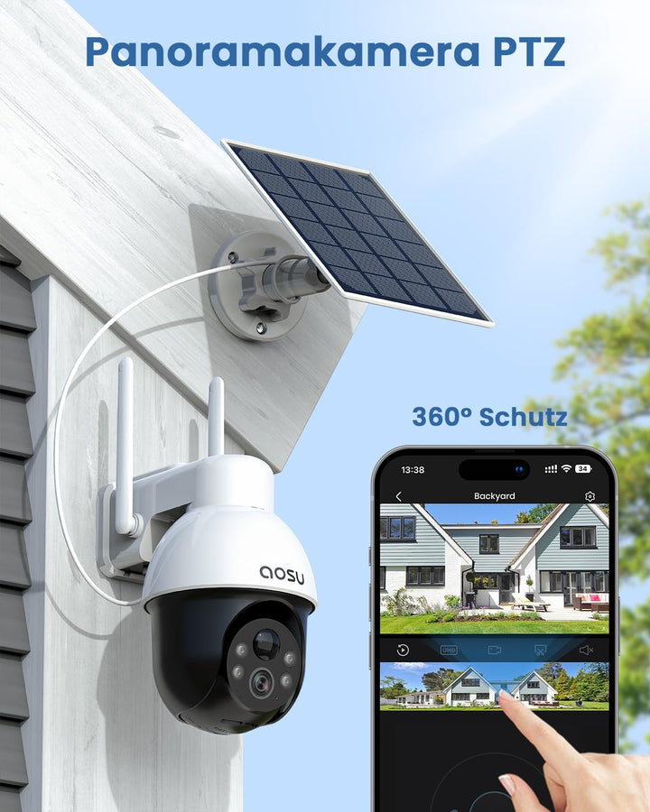 AOSU 3K Überwachungskamera Aussen Akku Solar, 5MP Kabellose WLAN-Überwachungskamera für den Aussenbe