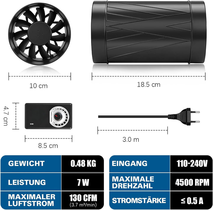 Regelbar Rohrventilator 100mm, 222 m³/h Rohrlüfter Inline Abluftventilator mit Drehzahlregler, EC Mo
