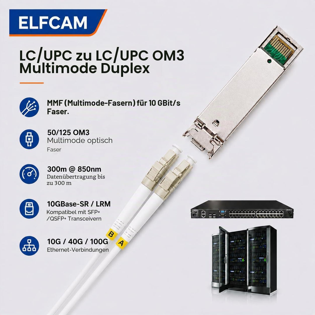 Elfcam® - 15m LWL Glasfaser-Kabel LC/UPC auf LC/UPC 50/125um OM3 Multimode Duplex LSZH, Farbe Weiss,