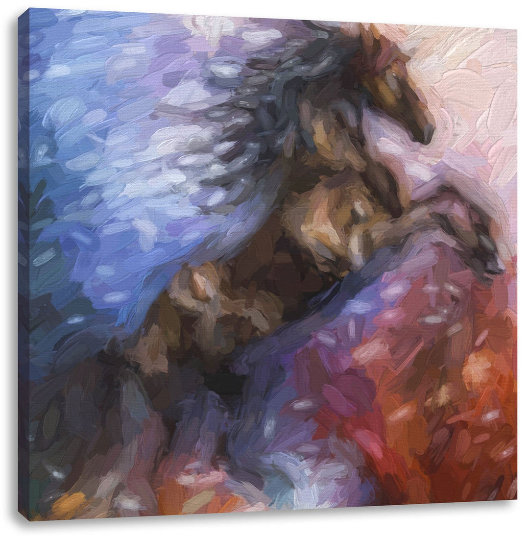 Pixxprint Traumhaftes schwarzes Einhorn als Leinwandbild Quadratisch| Grösse: 70x70 | Wandbild| Kuns
