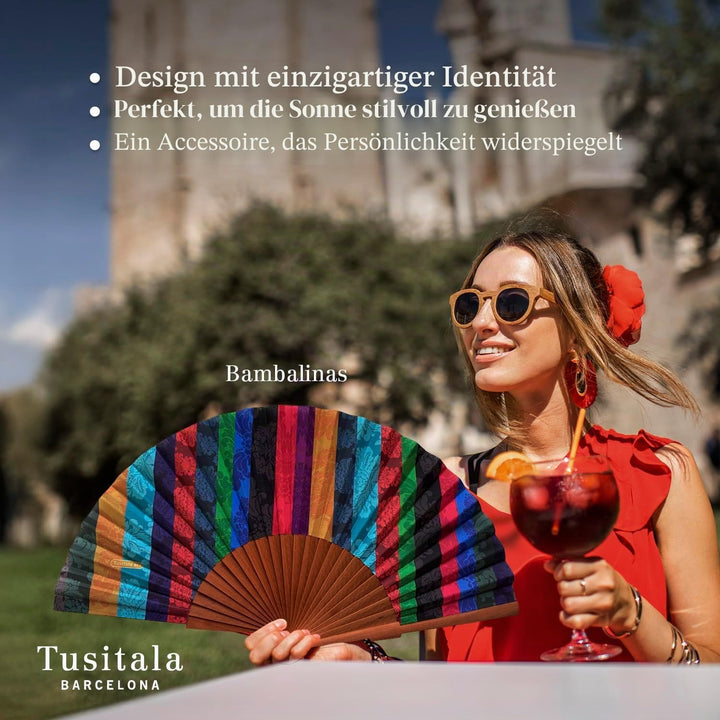 Tusitala Barcelona - Patchwork Kollektion Handfächer - Aus Holz und Baumwolle - 100% spanisches Hand