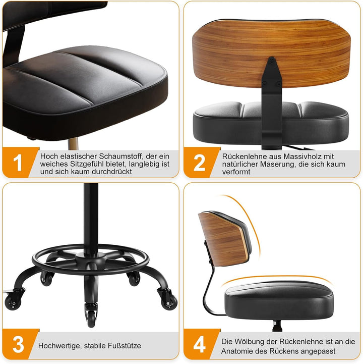 Rollhocker HöHenverstellbar, Bürohocker Ergonomisch,Arbeitshocker, Drehhocker 360°,Mit Rückenlehne P