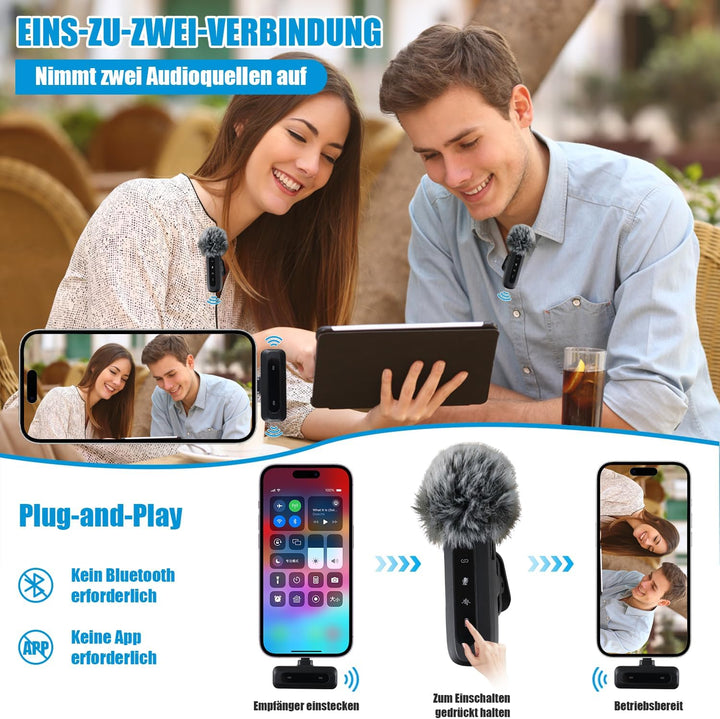 Kabelloses Lavalier Mikrofon für iPhone, Android &amp; Handy, mit USB-C &amp; Lightning, 2,4 GHz Wireless Mi