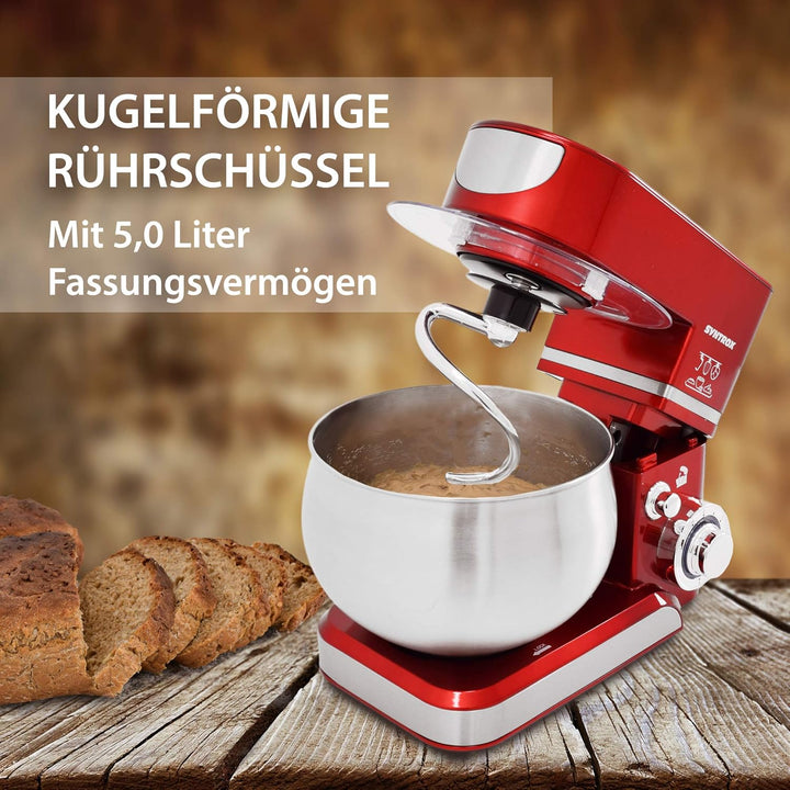 Syntrox Germany KM-5.0L Basic Red Küchenmaschine Knetmaschine, Edelstahl-Behälter, 5 Liter, rot