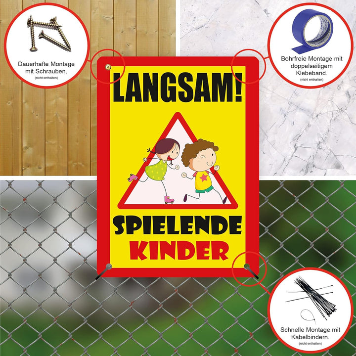 3 Stück XXL Langsam ! spielende KINDER Schild 30 x 40 cm aus stabiler PVC Hartschaumplatte 5mm mit U
