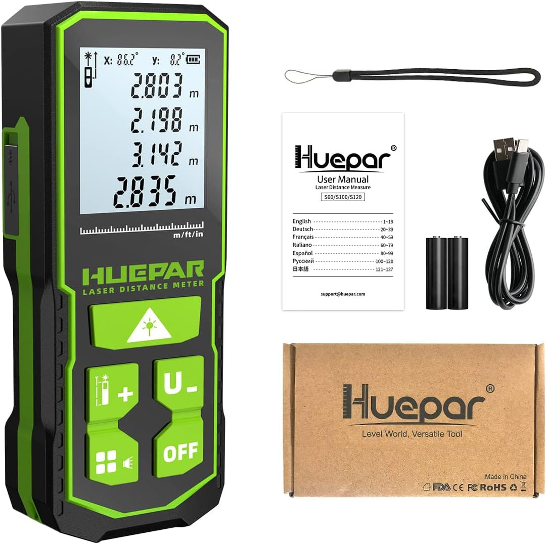 Huepar Laserdistometer 328Ft(100M) mit wiederaufladbaren Akku und Doppelwinkel–Display, Lasermessung