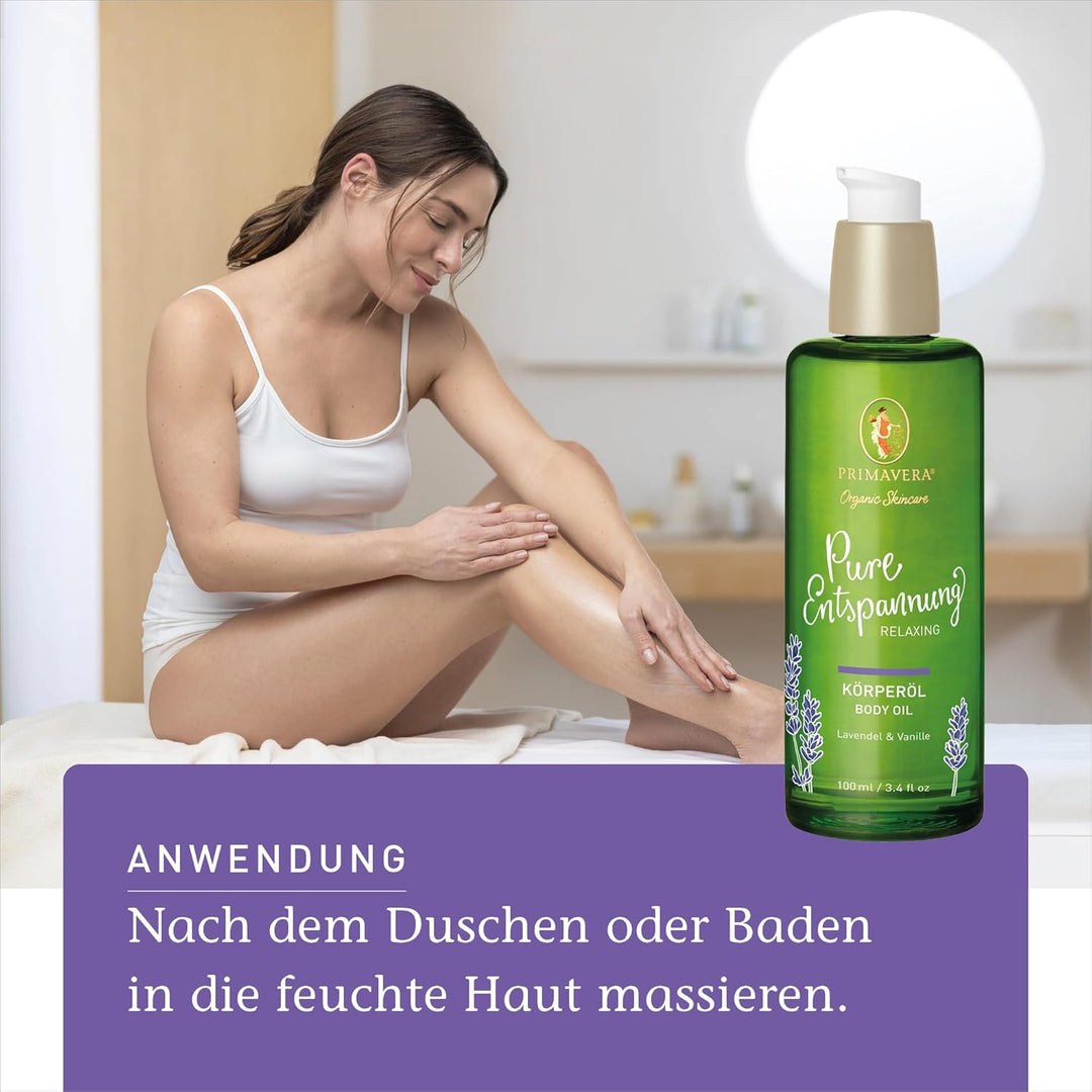 PRIMAVERA Pure Entspannung Körperöl 100 ml – Naturkosmetik – Lavendel, Vanille Duft – beruhigend, pf