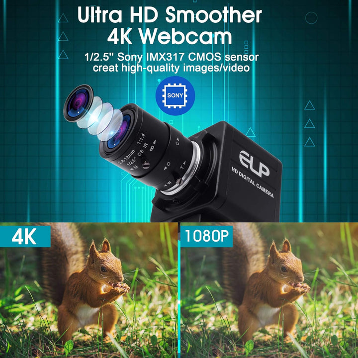 ELP 4K Optischem Zoom USB-Kamera,Ultra HD IMX317-Sensor-Webcam mit 2,8-12 mm Varifokalobjektiv,3840