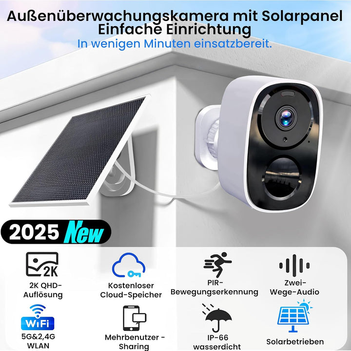 2K/3MP Überwachungskamera Aussen Akku Solar, Kostenloser Cloud-Speicher, 5GHz, 2,4GHz WLAN Kabellose