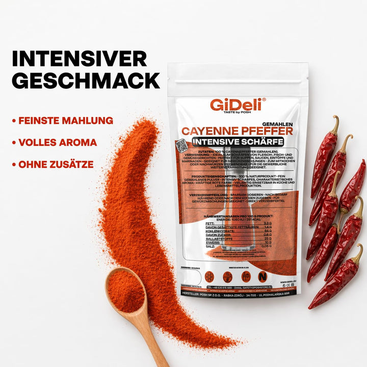 GiDeli Cayenne Pfeffer 2 x 1kg - Fein Gemahlenes Chilipulver für Fleisch, Fisch, Suppen und Sossen -