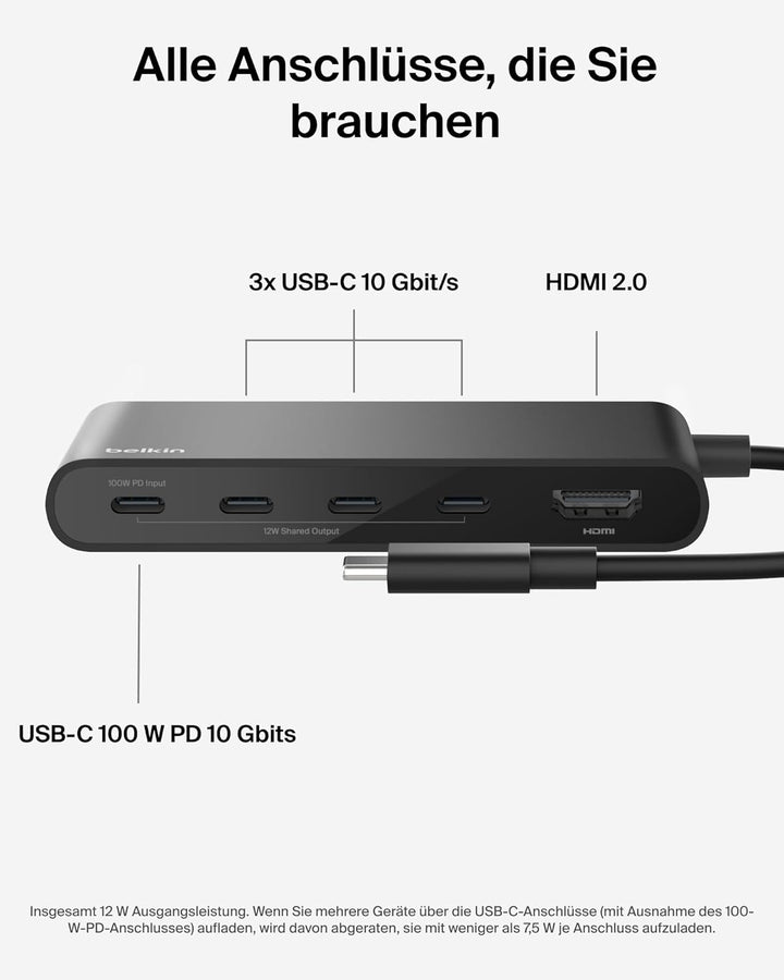 Belkin USB Hub, 5 in 1 USB C Adapter mit HDMI Anschluss, 4K 60Hz, 100W Power Delivery, Schneller Dat