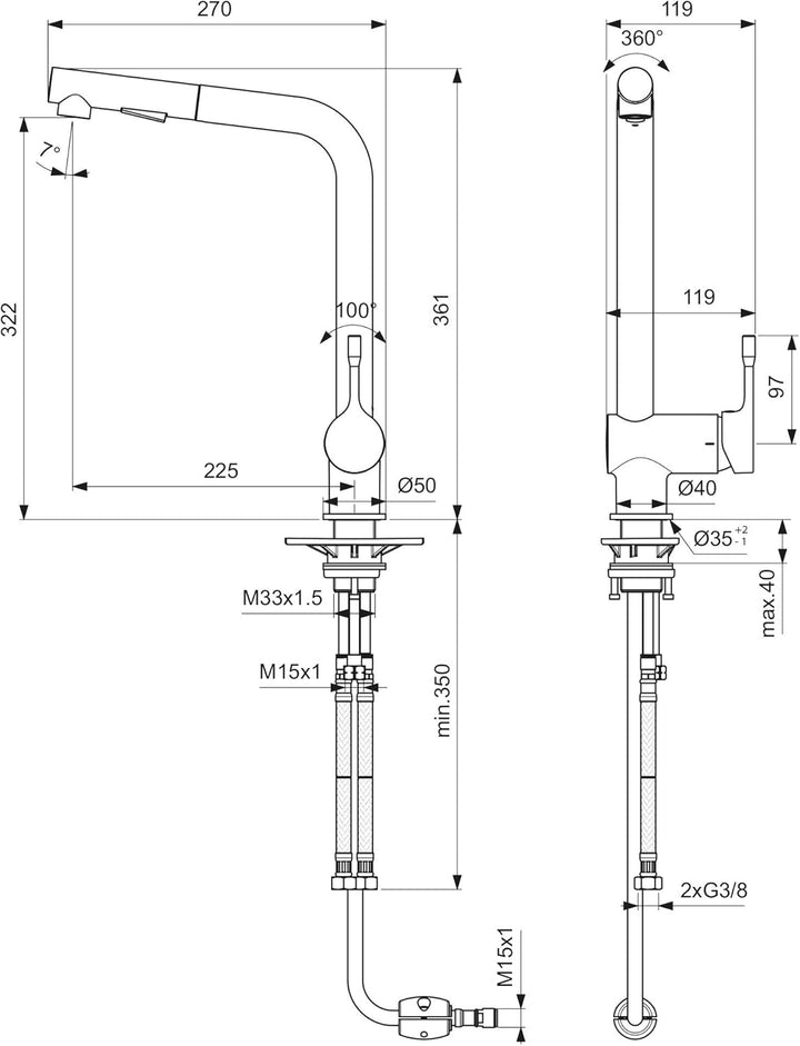 Ideal Standard BC178AA Ceralook Küchenarmatur hoher Auslauf Ausziehbare Handbrause mit 2