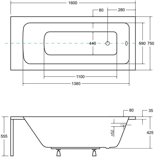 KOLMAN Badewanne TALIA Rechteck 160x75 mit Styroporverkleidung, Ablaufgarnitur und Füssen Komplettse