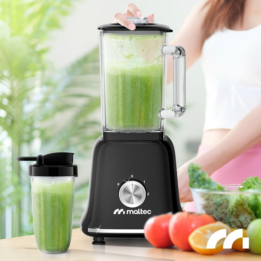 MalTec Standmixer Glas Smoothie Maker für Cocktails BL1800W Blender, Mühle,2 Bidons 1,6l Schwarz