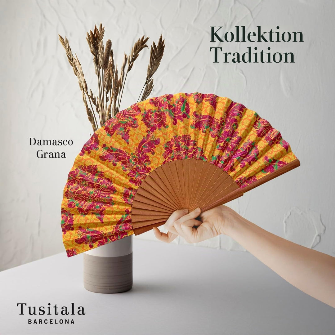 Spanischer Handfächer Damasco Grana–Holz und Baumwolle–23 cm–Etui und Hülle aus Jute–Modeaccessoire–