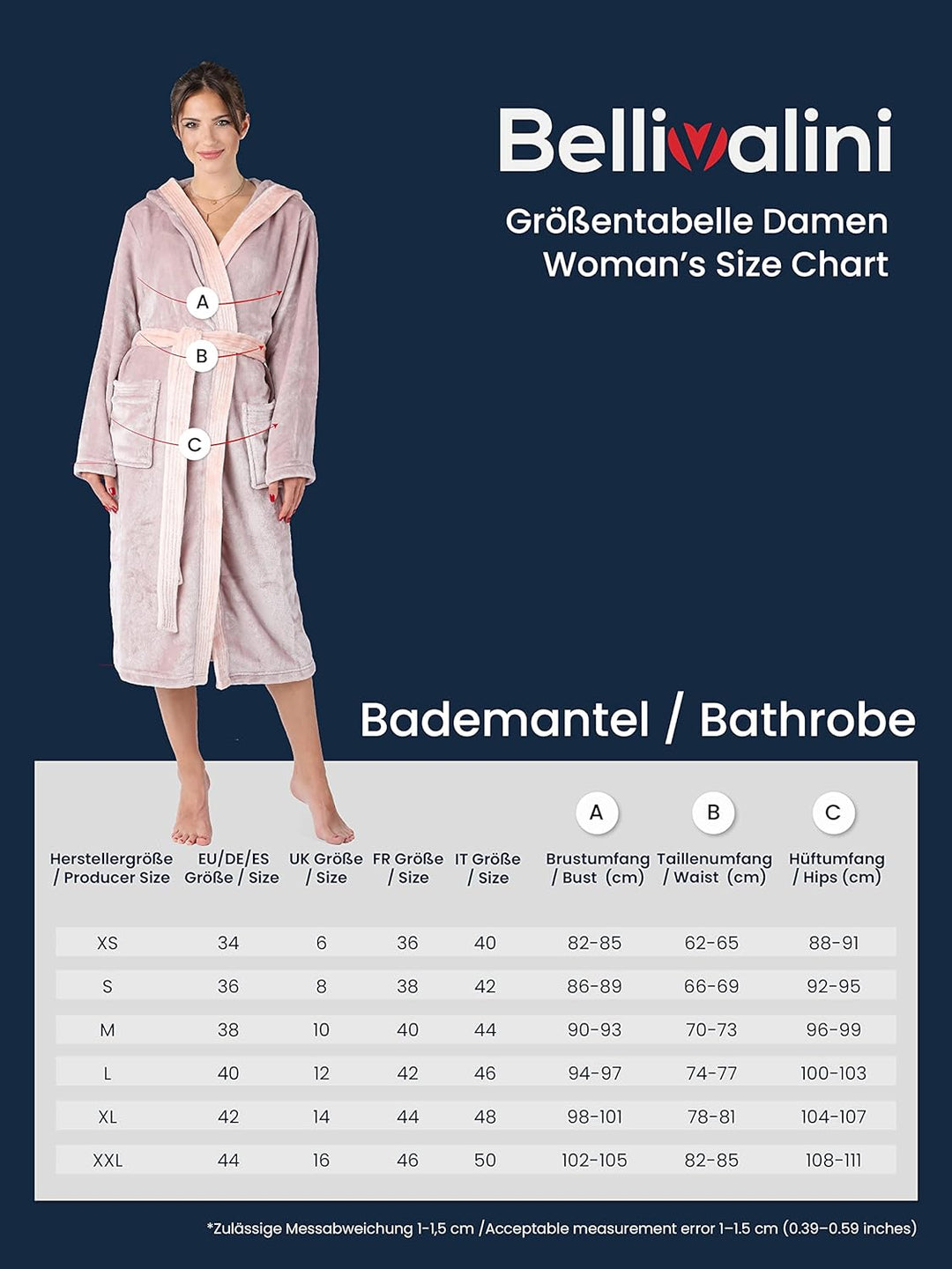 Bellivalini Damen Bademantel lang mit Kapuze und Gürtel BLV50-168 M Graphit/Grau, M Graphit/Grau