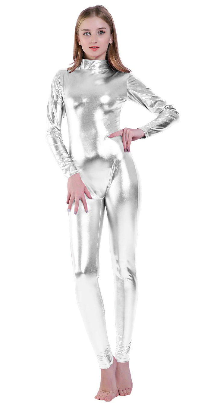 Kepblom Glänzender Metallic-Einteiler mit Rollkragen, langärmelig, ohne Fuss, Zentai-Anzug, Catsuit,
