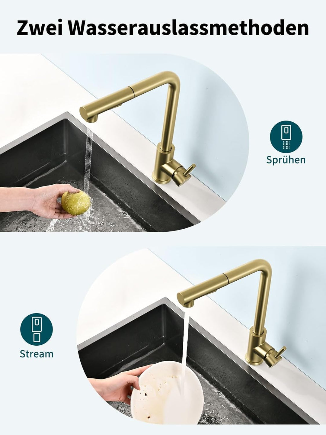 Wasserhahn Küche, Ausziehbare Küchenarmatur mit Sprühbrause aus Edelstahl und 2 Sprühfunktionen, 360