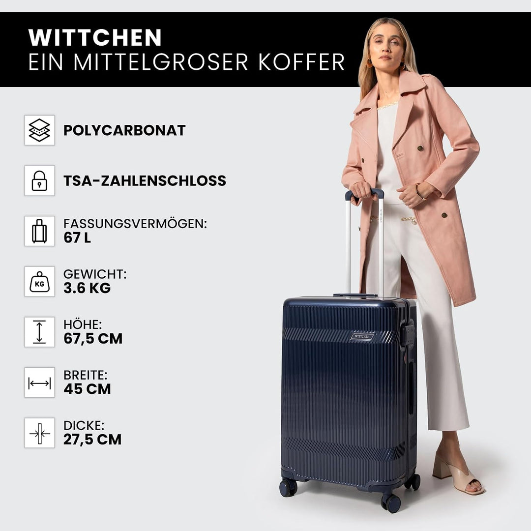 WITTCHEN Mittelgrosser Koffer Hartschalenkoffer Polycarbonat 4 Rollen Gloss Line | Dunkelblau Hochgl