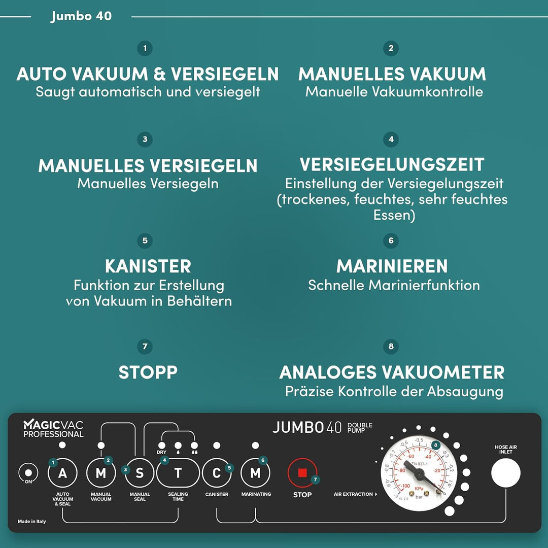 Magic Vac, Jumbo 40, Heavy Duty Lebensmittel-Vakuummaschine aus Edelstahl, Ideal für Vakuumbeutel un
