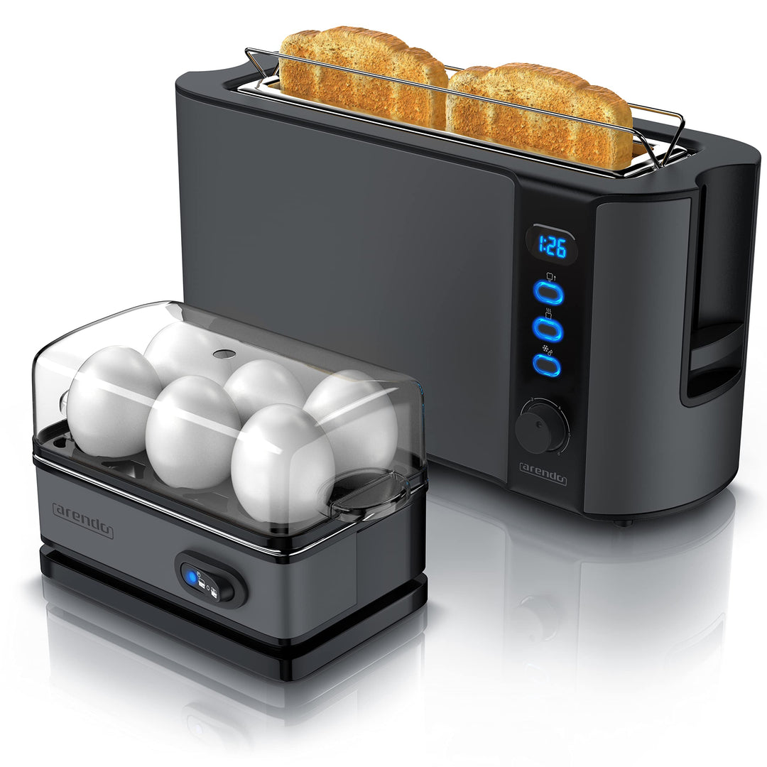 Arendo - 1000W Toster Langschlitztoaster für 2 Scheiben Toaster und Brötchenaufsatz + 6 Fach Eierkoc
