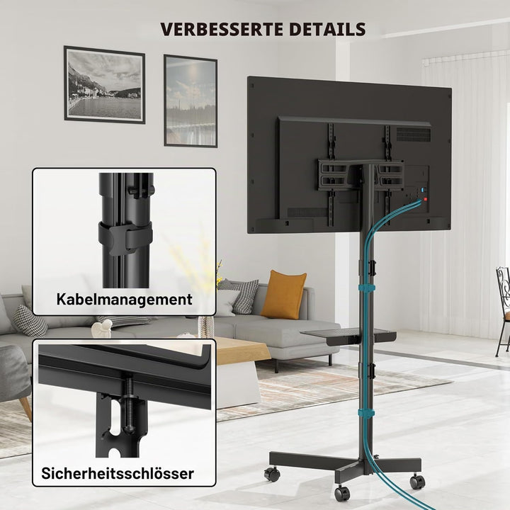 BONTEC Mobiler TV Ständer auf Rollen, Neigbar, Höhenverstellbarer Rollbarer TV Wagen mit Medienablag