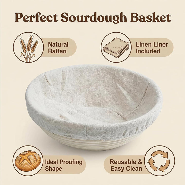 Gärkörbchen Rund 23 cm – Gärkorb für Brot aus Natur Rattan mit Leineneinsatz, für knusprige Kruste &