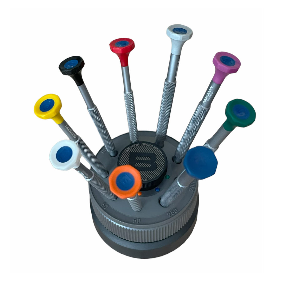 BERGEON 31081-S09 Set mit 9 Schraubendrehern mit eloxiertem Aluminiumgehäuse 0,50 bis 2,50 mm Uhrenr