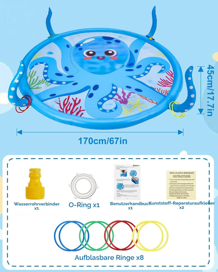 Anpro Sprinkler für Kinder, Aufblasbare Octopus-Wasserspielzeuge für Jungen und Mädchen, Sommer Outd