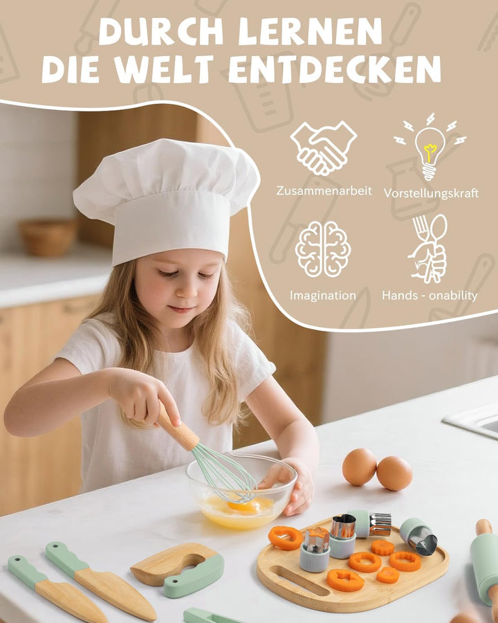 Kindermesser Set – 15-teilig mit sicherem Kiddikutter, Holzmesser Schneidebrett – Montessori Küchens