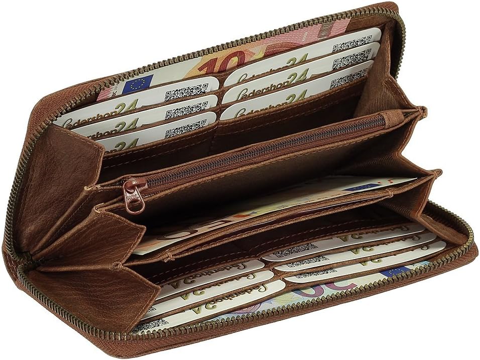 Luxus Leder Damen Geldbörse Portemonnaie Geldbeutel Langbörse XXL Farbe Cognac, Cognac