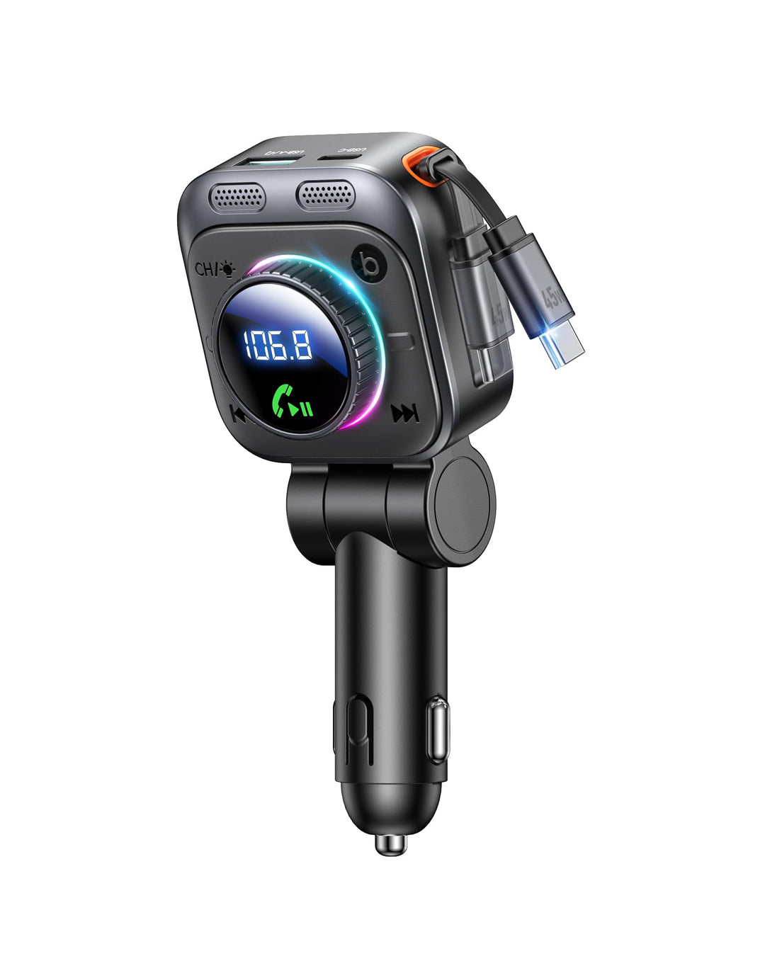LENCENT 72W FM Transmitter Auto Bluetooth 5.4, Bluetooth Adapter Auto mit ausziehbarem Ladekabel, Zi