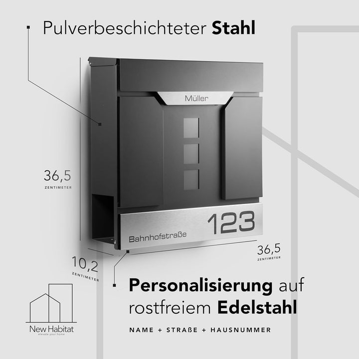 Moderner Briefkasten Personalisierbar Madrid Anthrazit RAL7016 - mit Zeitungsfach - Wandbriefkasten