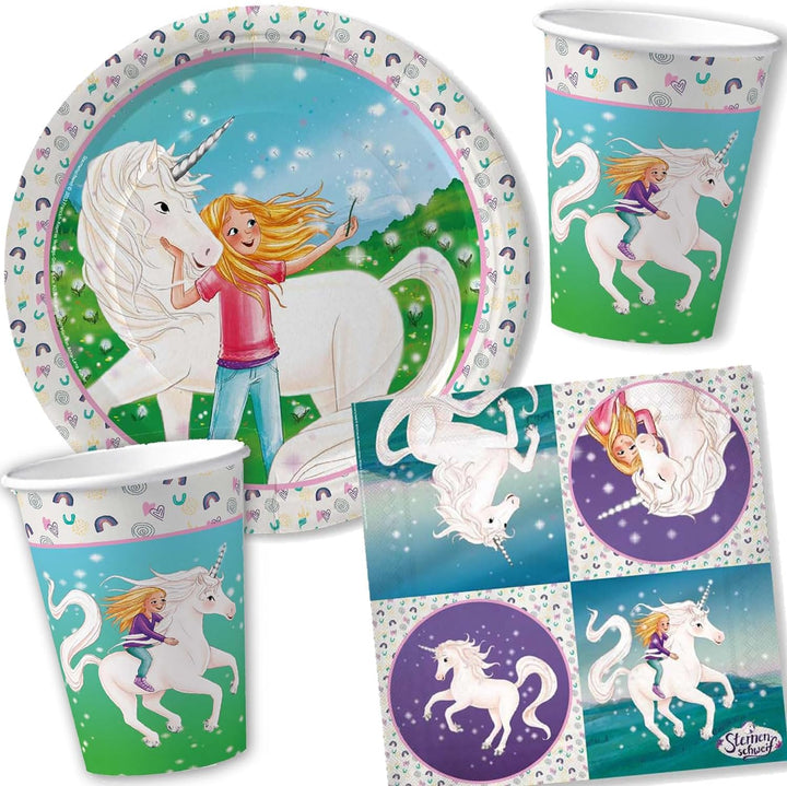 104-tlg Party-Set * STERNENSCHWEIF * für Kindergeburtstag mit Teller + Becher + Servietten + Trinkha