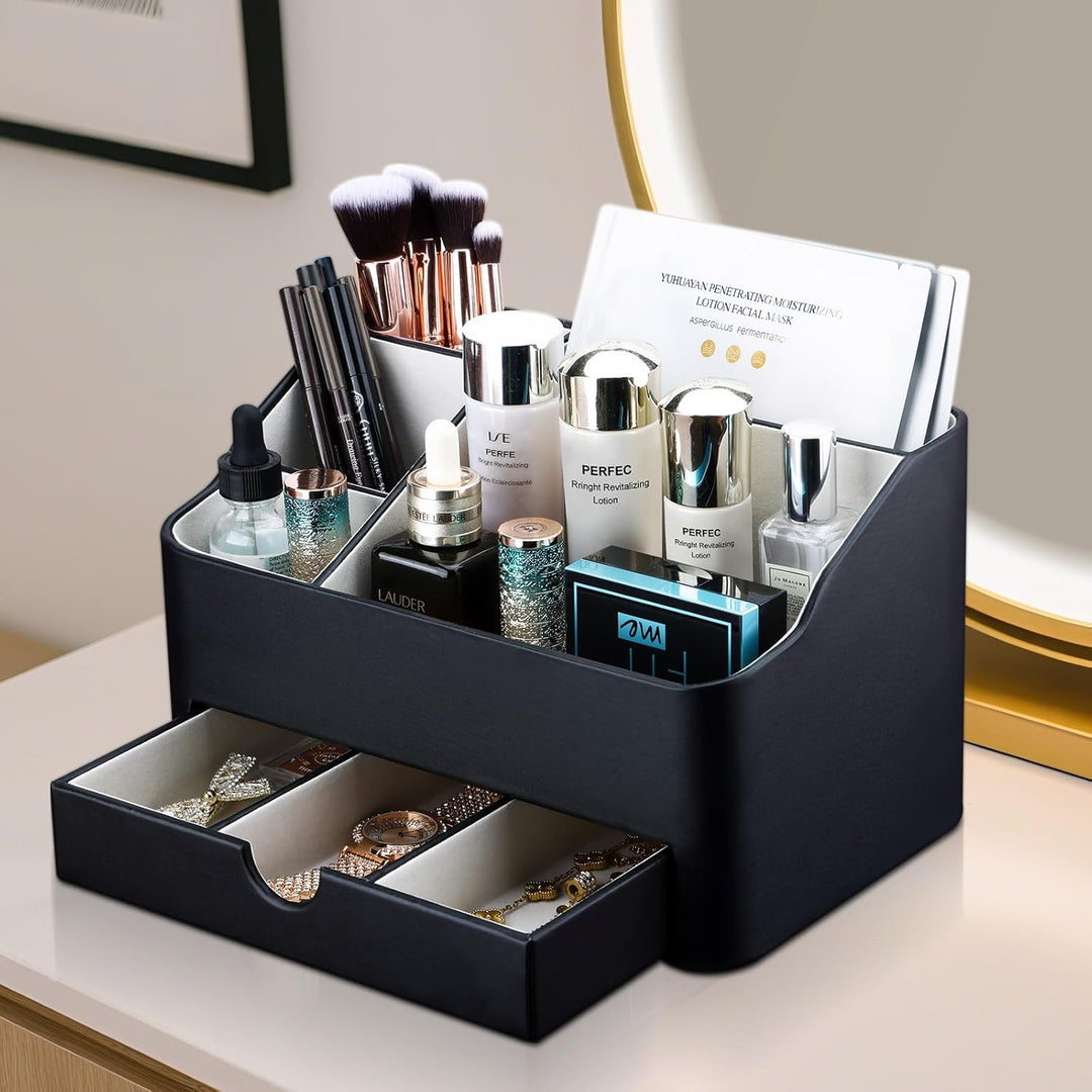 KINGFOM Make Up Kosmetik Organizer, PU Leather Schmink Organizer mit Schublade Skincare Organizer fü