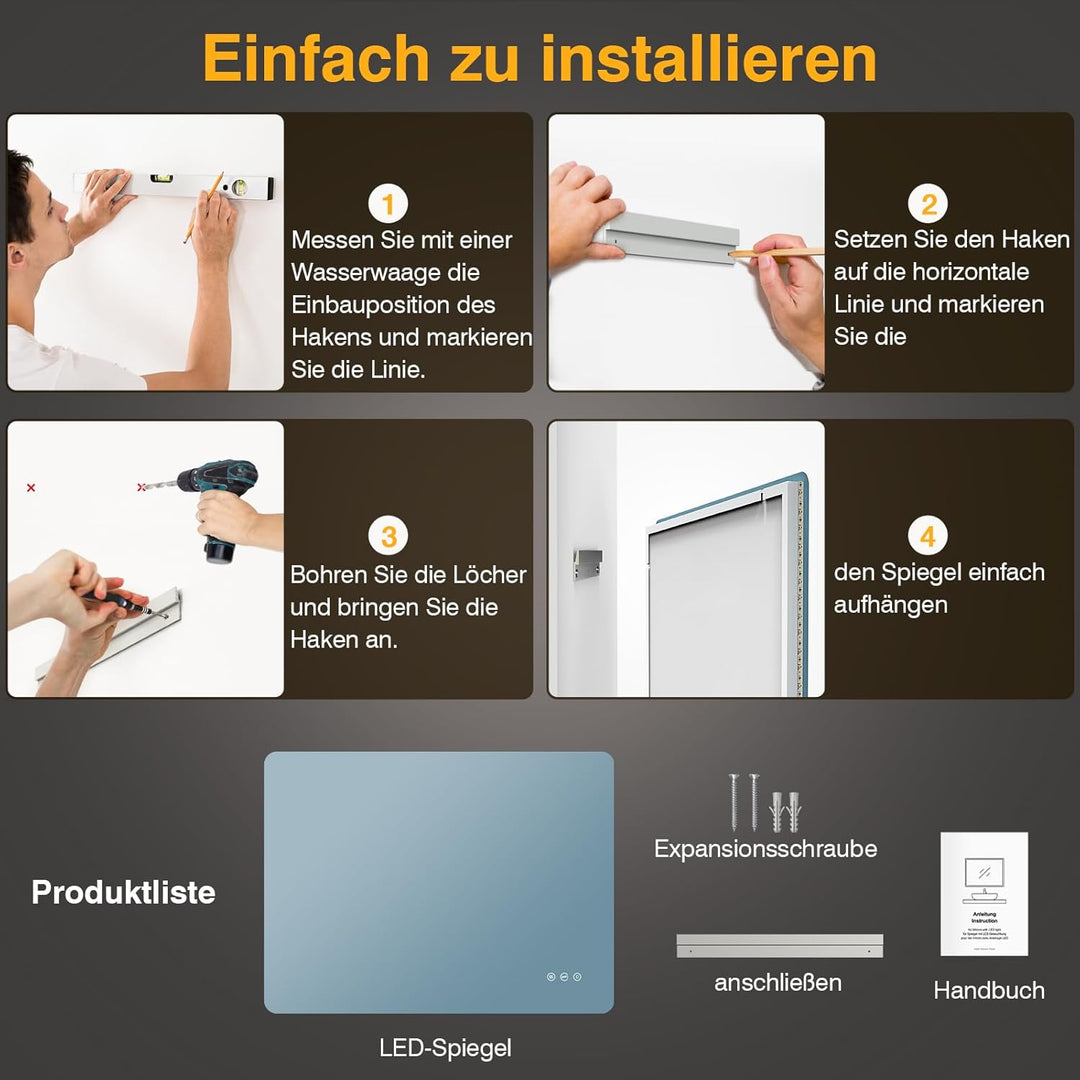 Badezimmer Spiegel mit Beleuchtung, Led Bad Spiegel mit Licht, 3 Lichtfarben, Dimmbar, Antibeschlag,