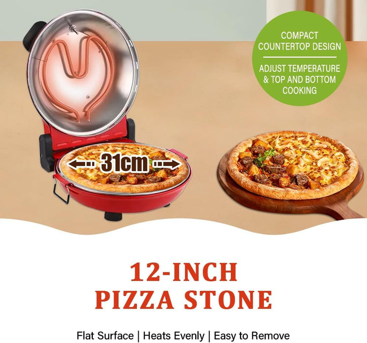 Pizzaofen Elektrisch,Pizzaofen für Zuhause mit 31cm Steinplatte, bis 420°C mit Pfanneneinsatz, 2x Pi