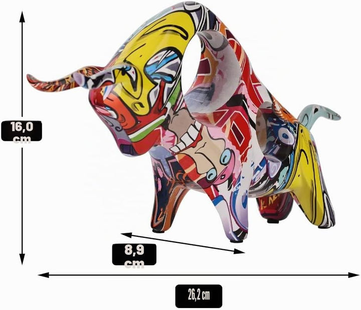 Graffiti-Bullen-Statue aus Kunstharz, Vollfarbige Stierfigur, Originalität, abstrakte Stier-Skulptur