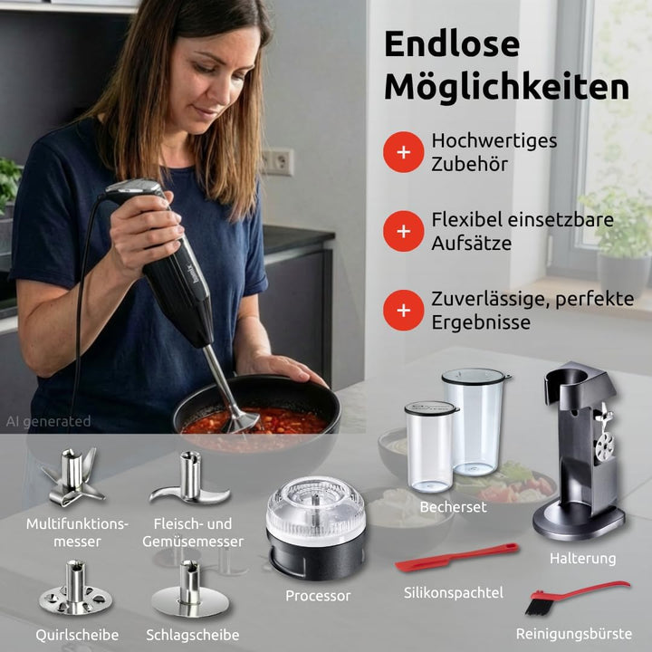 bamix Stabmixer Set M350 MAXX inkl. Ständer, 2 Becher, 4 Aufsteckteile, Processor, Spachtel, Reinigu