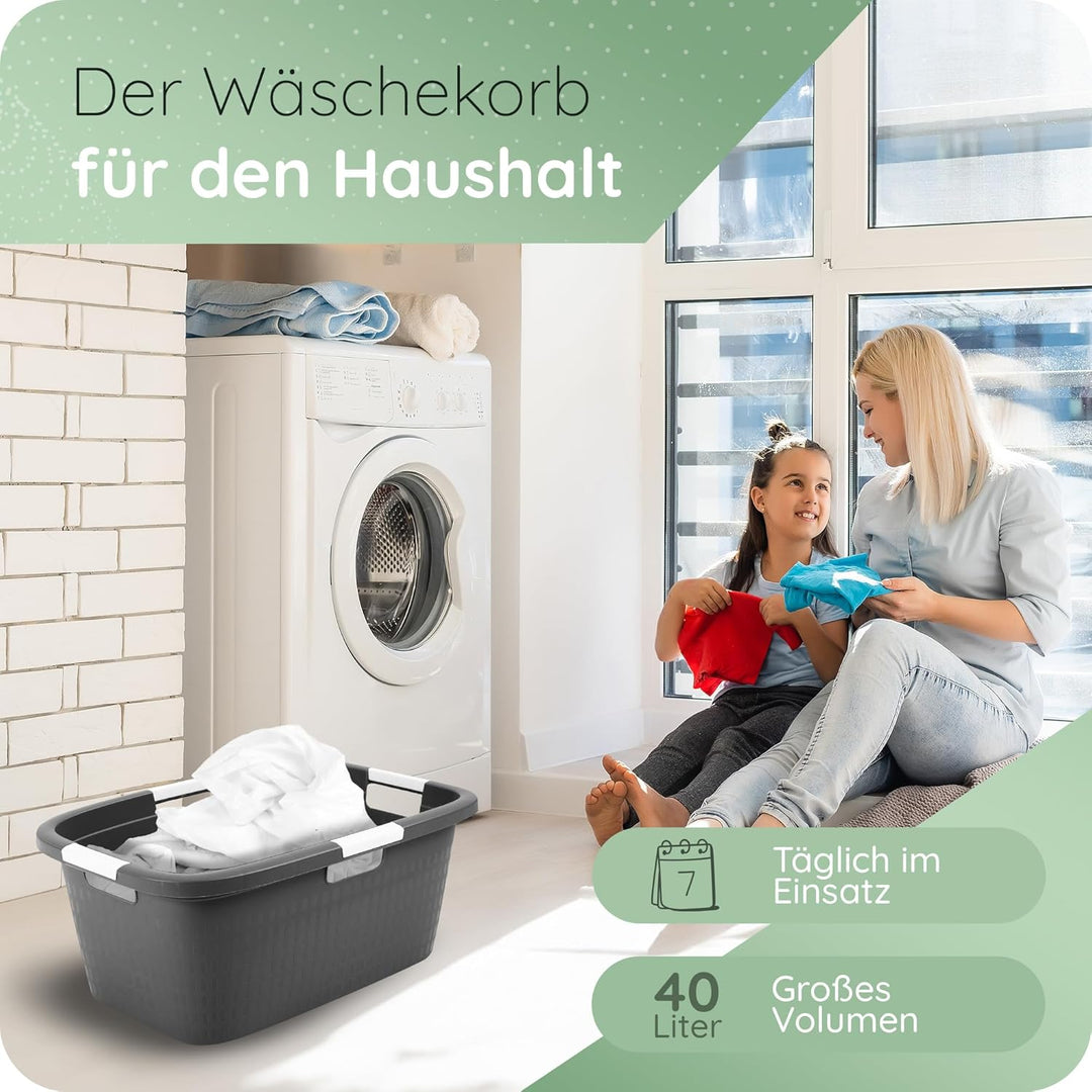 Novaliv Wäschewanne mit 4 Griffen 40L Anthrazit, Wäschebox Set Wäscheeimer Wäschebehälter für Bad Wä