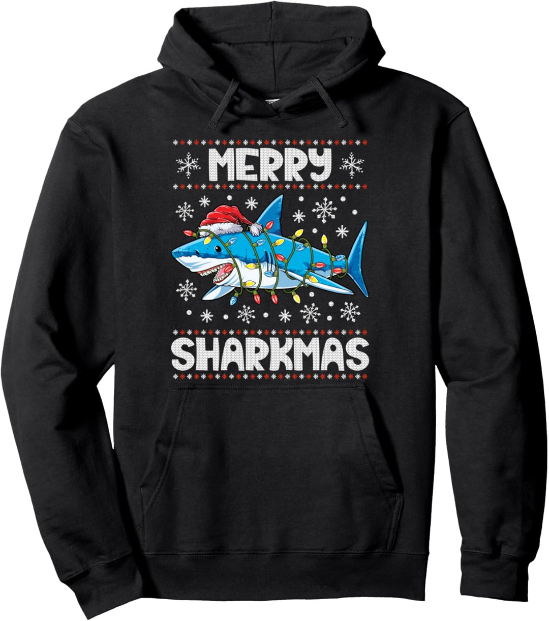 Merry Sharkmas Shark Santa Ugly Christmas Lights Boys Xmas Pullover Hoodie