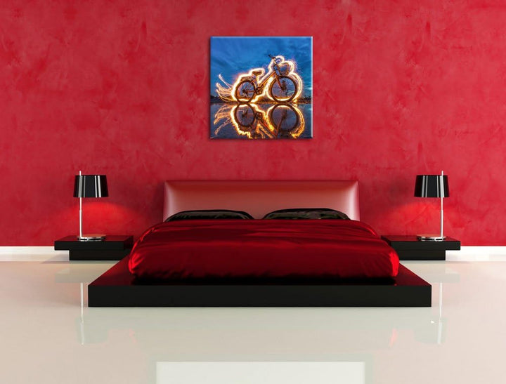 Pixxprint Burning Bike brennendes Fahrrad 70x70cm Leinwandbild Wandbild Kunstdruck, 70x70