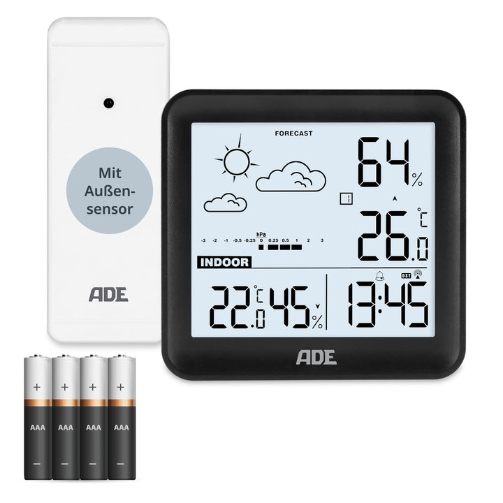 ADE Kleine digitale Wetterstation funk mit Aussensensor und Wettervorhersage | Innen- und Aussentemp