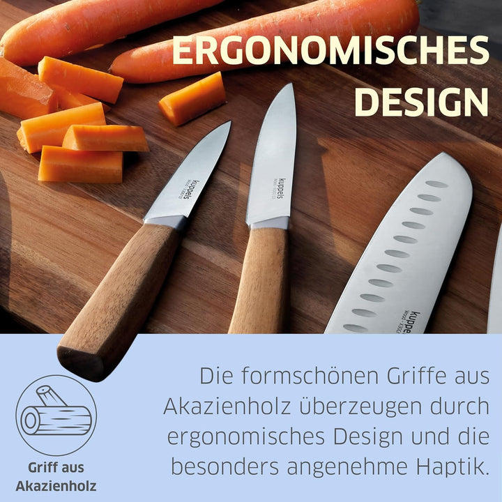 Kuppels | Messerset WOOD | 3-teilig | scharfe Messer mit Akazienholzgriff | Klinge aus gehärtetem Ed
