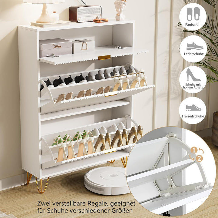 Schuhschrank mit 3 Klappen, Schuhregal, Shoe Cabinet weiss, schuhkipper schmal mit 6 Fächern, schuhs